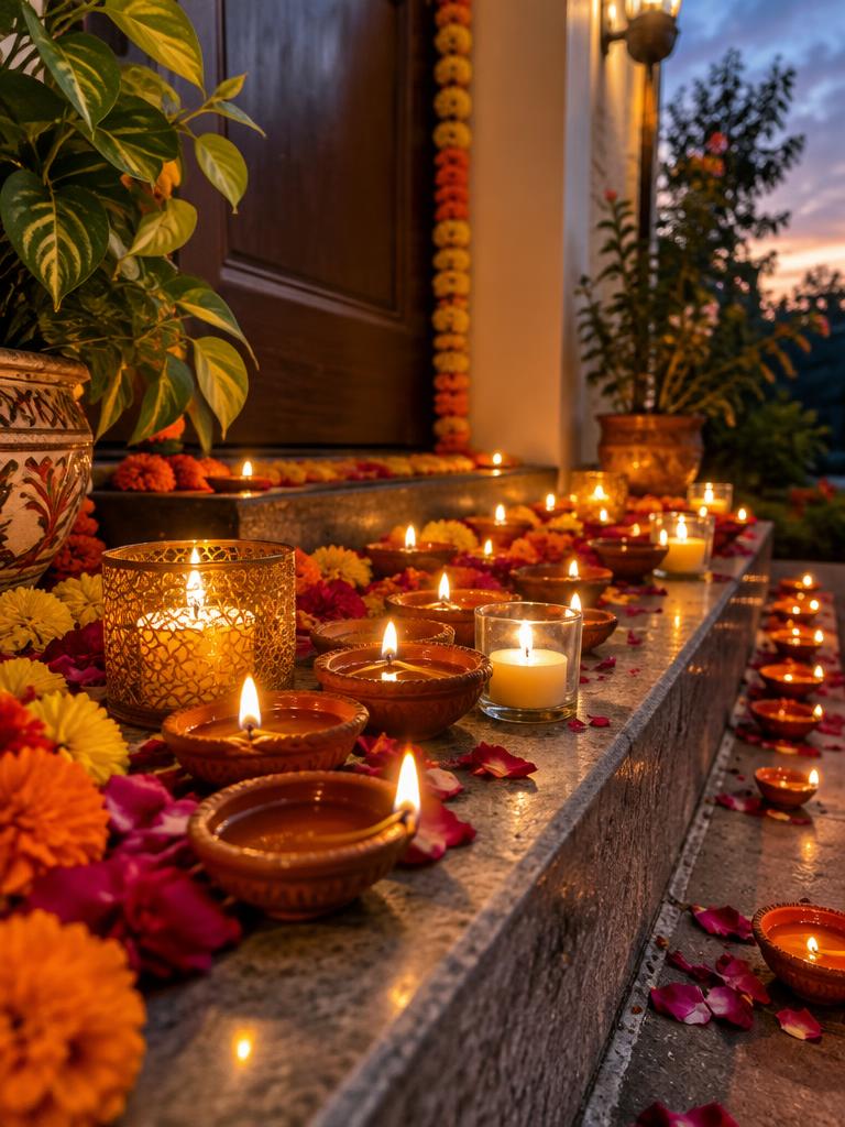 Doorstep lamps at dusk